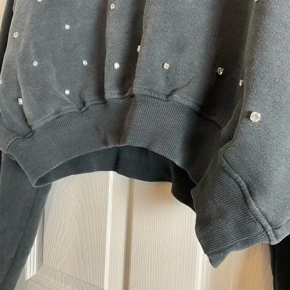 Zara Gray Cropped Jewel Studded Sweatshirt with Rhinestones Size small - Picture 6 of 11